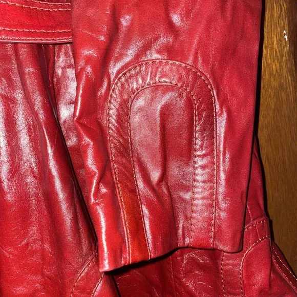 Vintage 100% Leather Suburban Heritage Trench Coat Red Wine 70's? Size 16 Belted - Picture 8 of 8